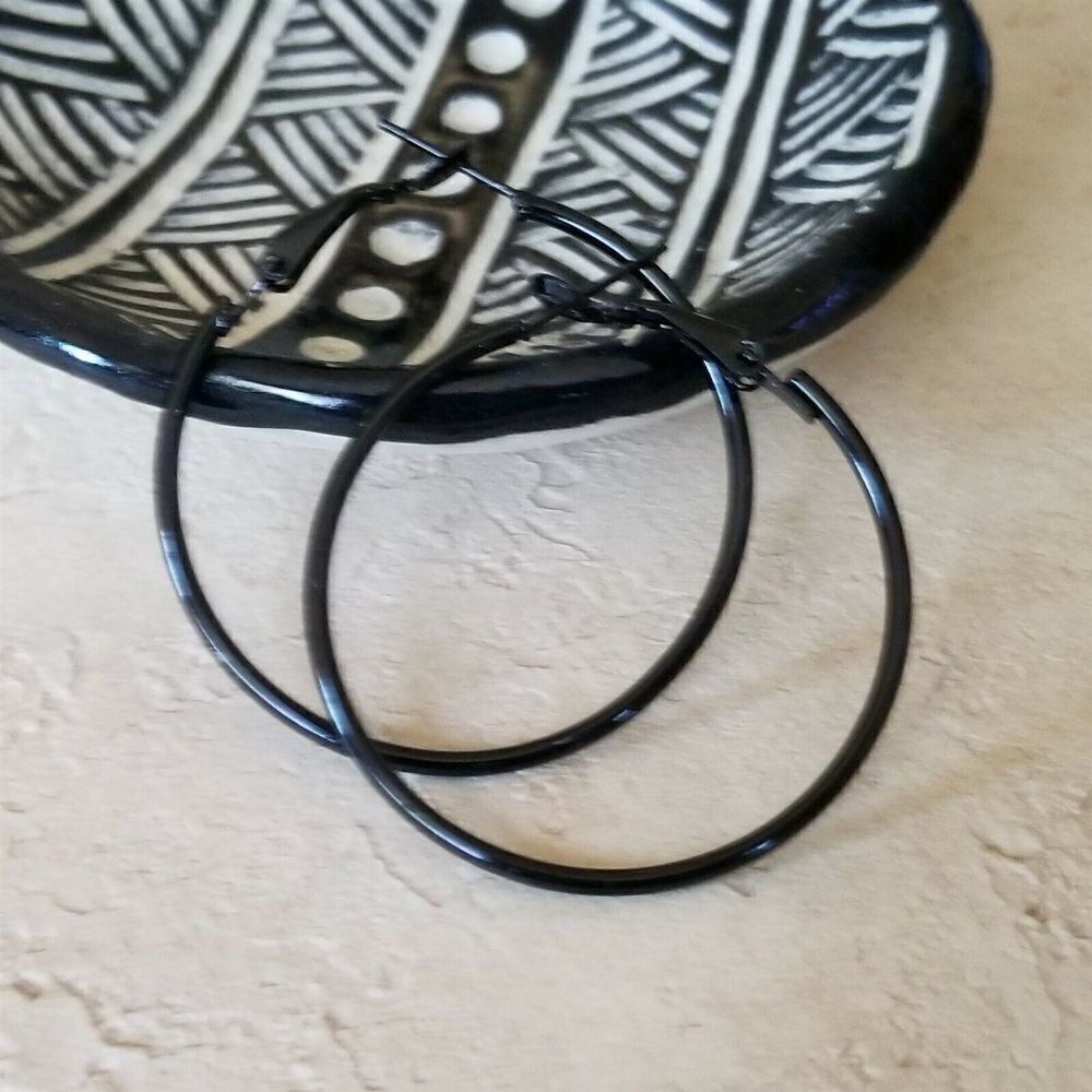 Sleek Black Large Hoop Earrings 40mm 1.6" Leverback Minimalist Classic